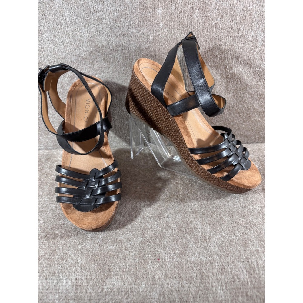 Vionic Clarisa Raffia Leather Wedge Sandals Women 10 Black Strappy Comfort Ortho